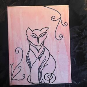 Pink Fox Canvas Art with Black Beaded Outline
